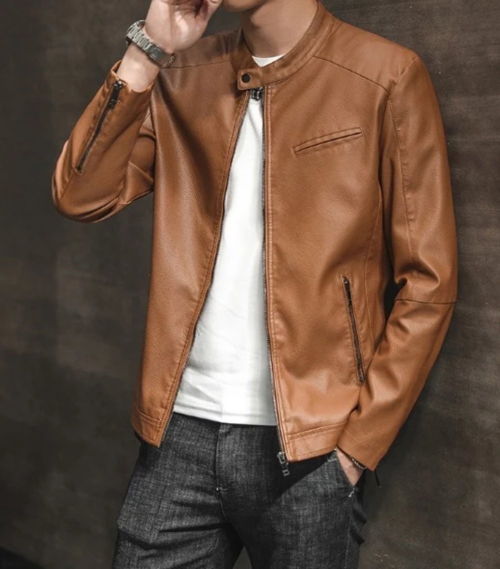 Vegan Leather Biker Jacket with Round Neck Zipper for Men