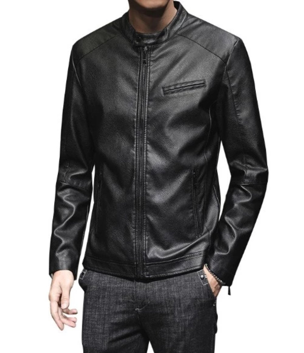 Vegan Leather Biker Jacket with Round Neck Zipper for Men
