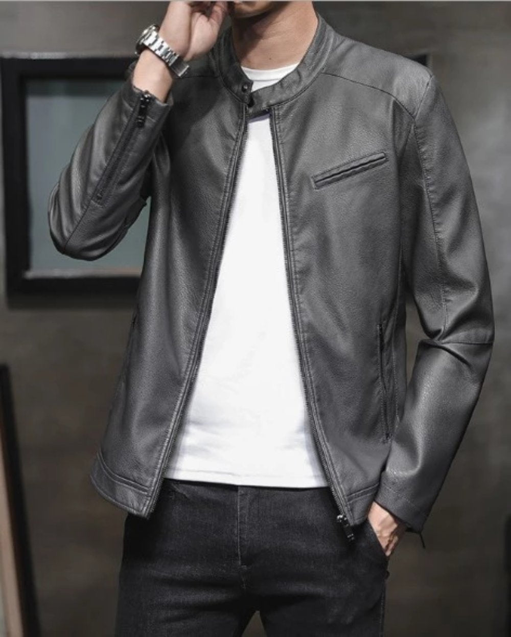 Vegan Leather Biker Jacket with Round Neck Zipper for Men
