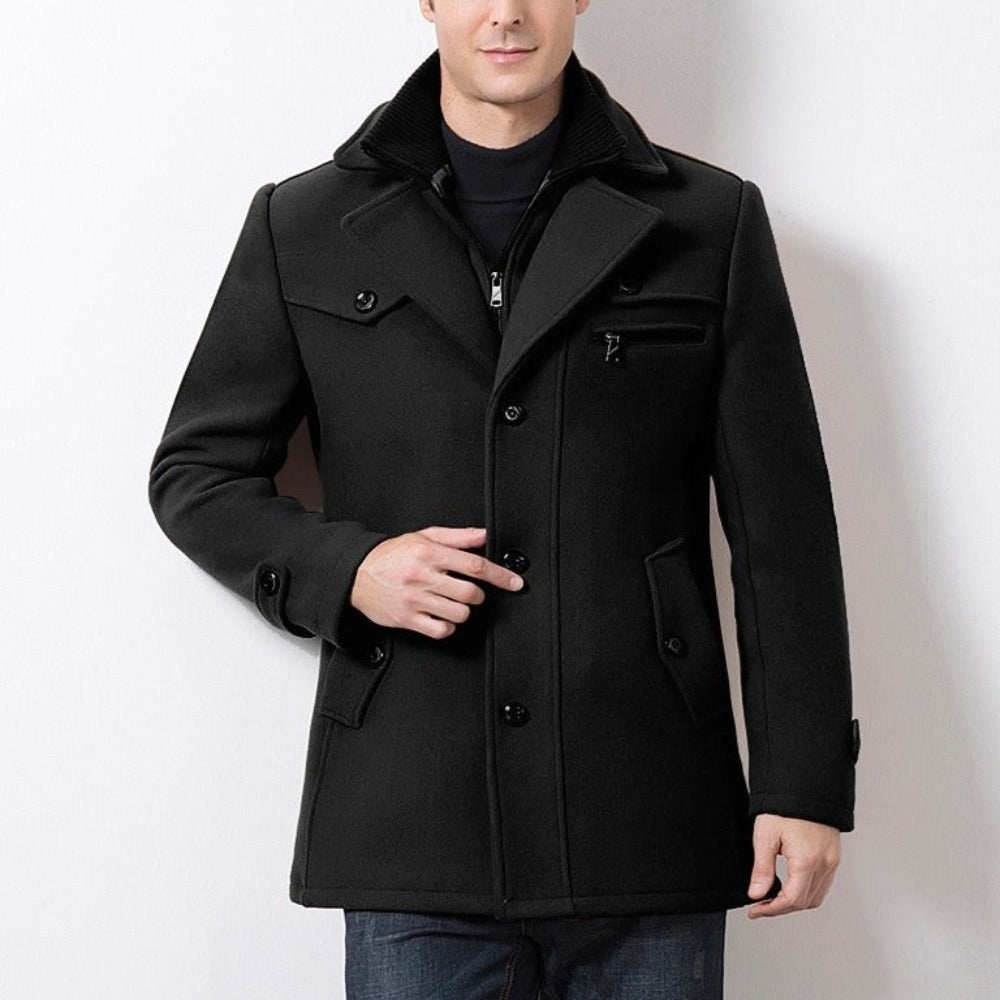 Military Style Men's Coat with Layered Collar and Button Front