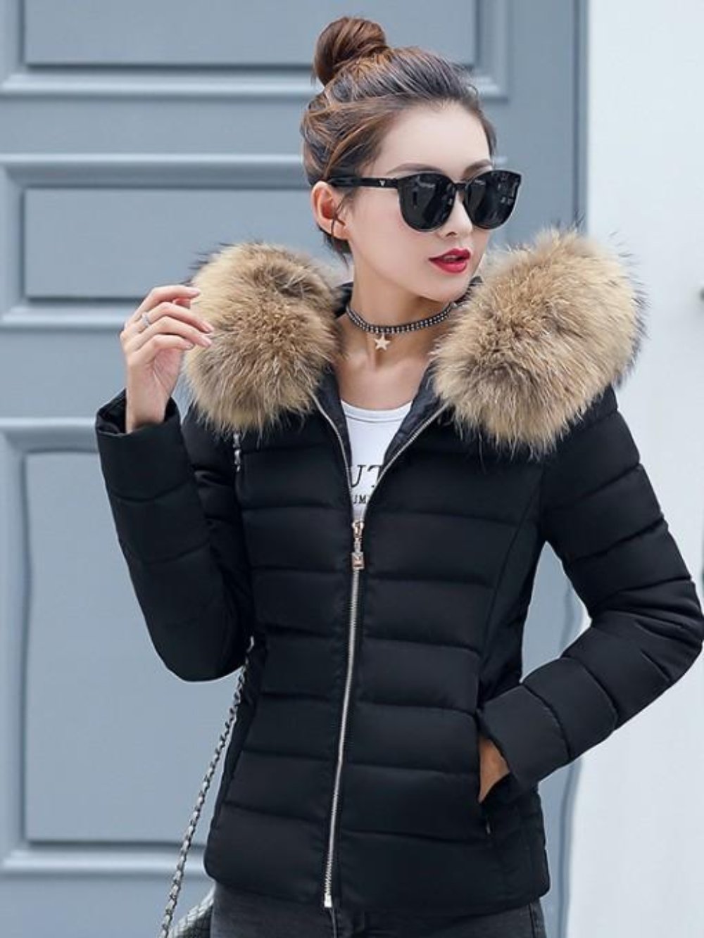 White Slim Fit Winter Hooded Short Zip-Up Jacket for Women