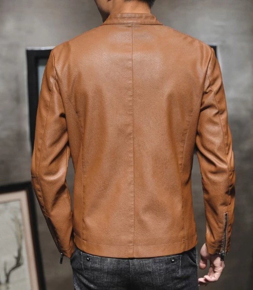 Vegan Leather Biker Jacket with Round Neck Zipper for Men