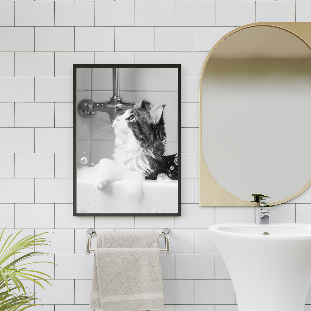 Bathroom Wall Art Print featuring Feline in Tub Decoration