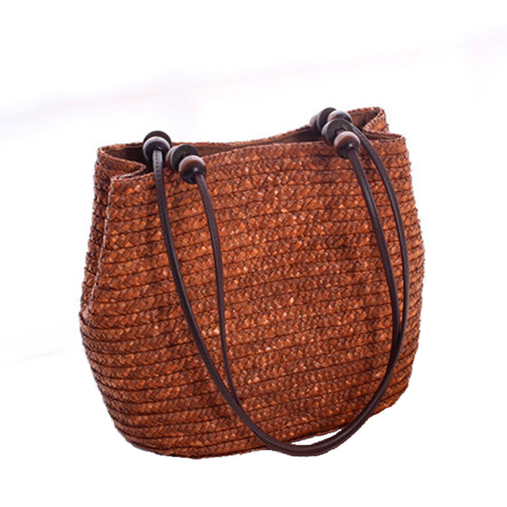 Wooden Beaded Straw Handbag