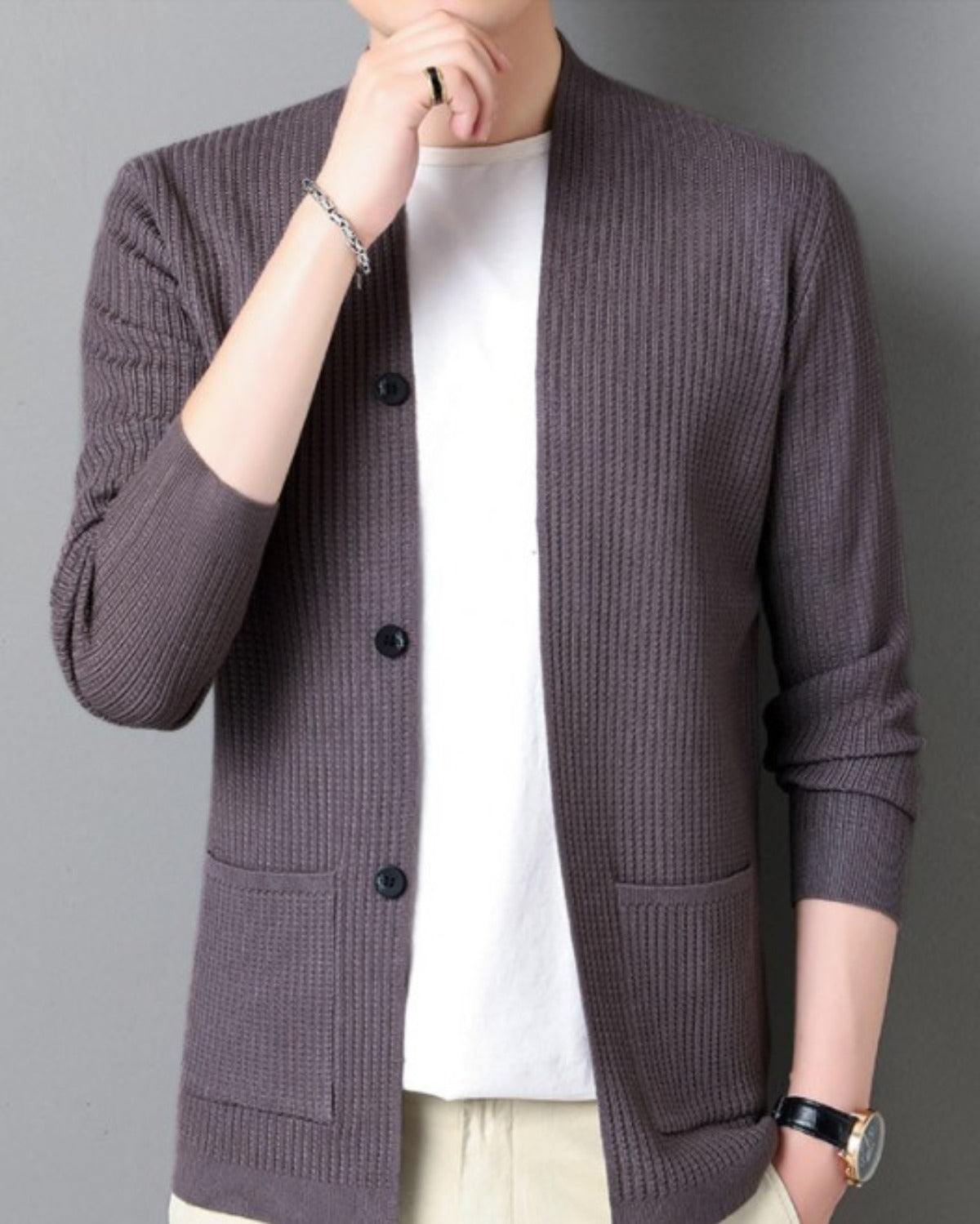 Faux Button Design Men's Casual Open Cardigan