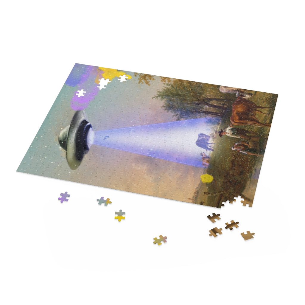 500-Piece Jigsaw Puzzle of a Cow Being Abducted by a UFO