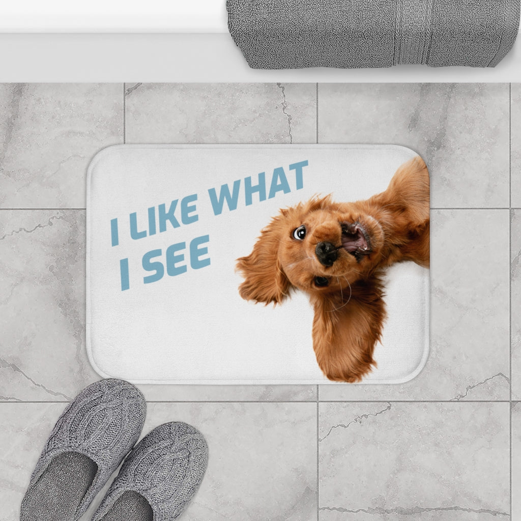 Humorous Canine Gazing Upward Bathroom Rug