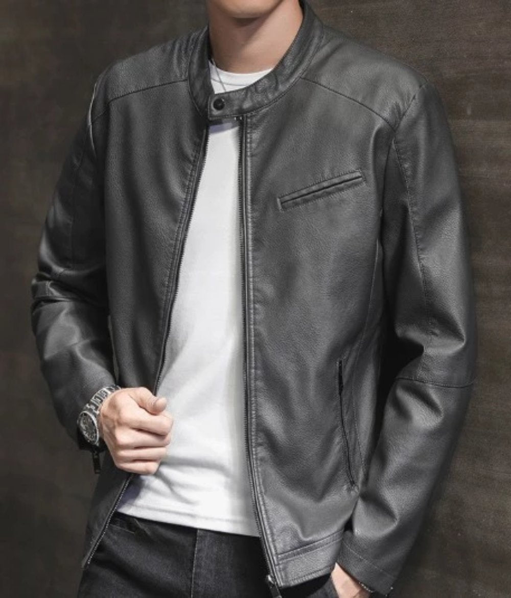 Vegan Leather Biker Jacket with Round Neck Zipper for Men