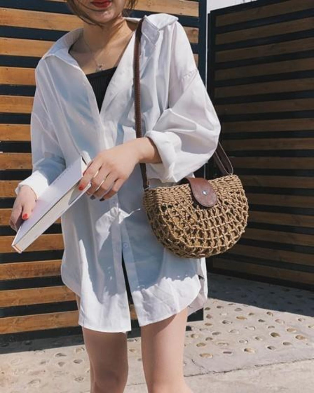 Straw Crossbody Bag with a Half Moon Design