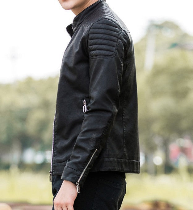 Slim-Fit Red Faux Leather Biker Jacket for Men