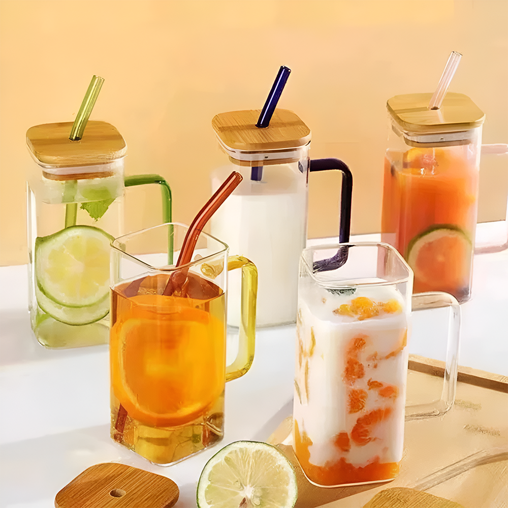 Square Glass Tumbler with Leak-Proof Cover and Eco-Friendly Straw, 400ml Capacity