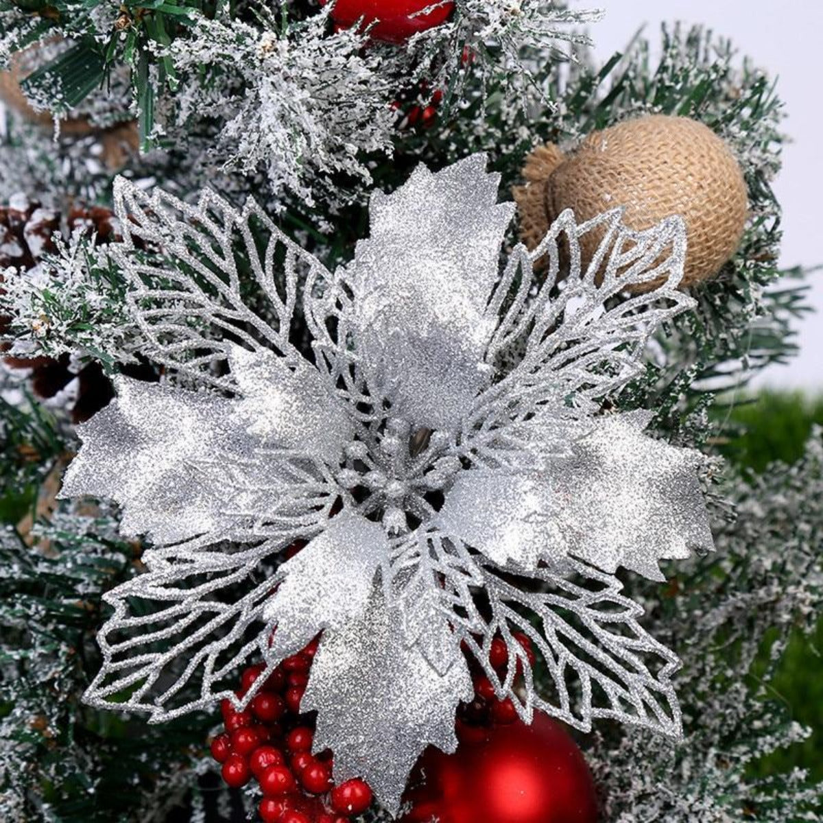 Set of 10 Glittery Flower Christmas Tree Ornaments