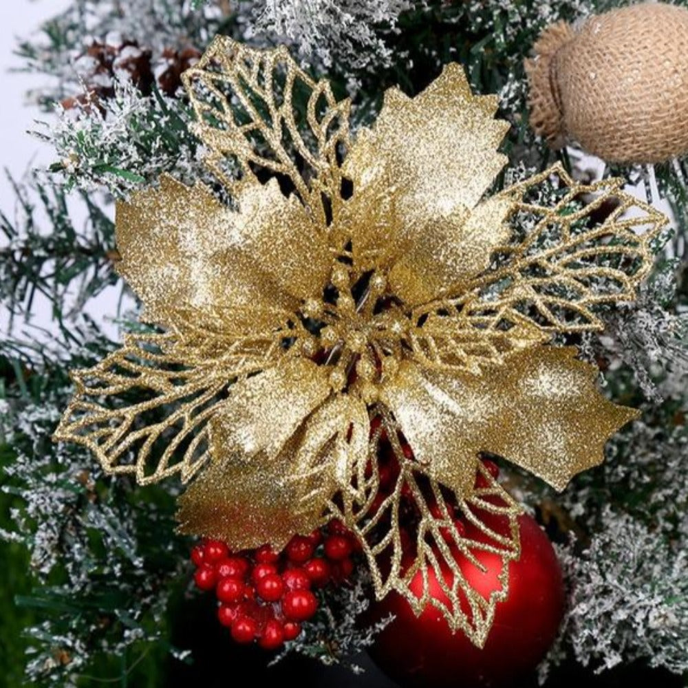 Set of 10 Glittery Flower Christmas Tree Ornaments
