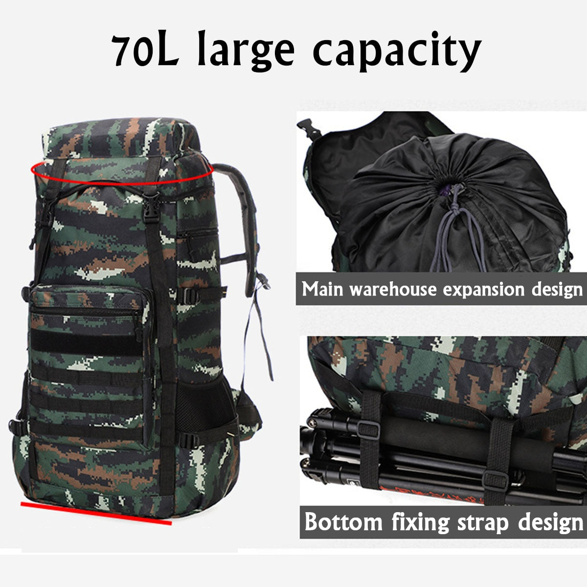 Water-Resistant Military Backpack for Outdoor Camping, 70L
