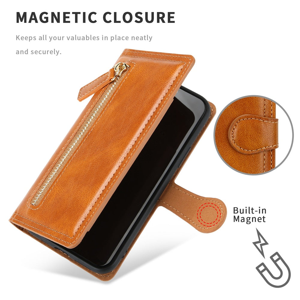 Wireless Charging Compatible Flip Case with Zippered Wallet for iPhone X to 14 Series