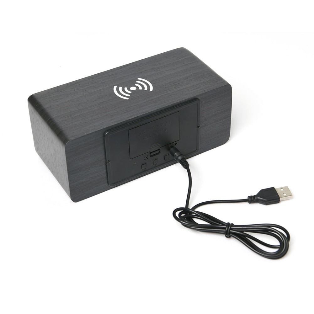 Digital Alarm Clock with Wireless Phone Charging Pad made of Wood