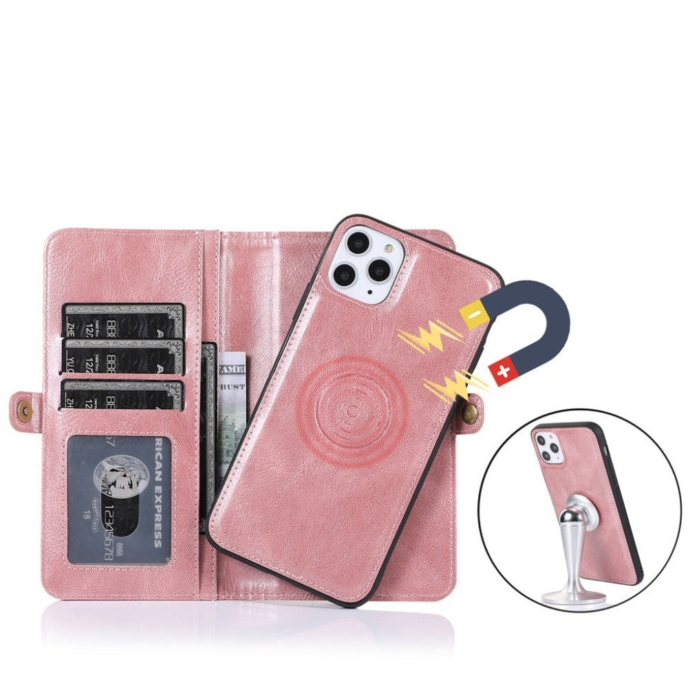 Vegan Magnetic Card Holder Wallet Case with Strap for iPhone 11 to 15, made from Synthetic Leather