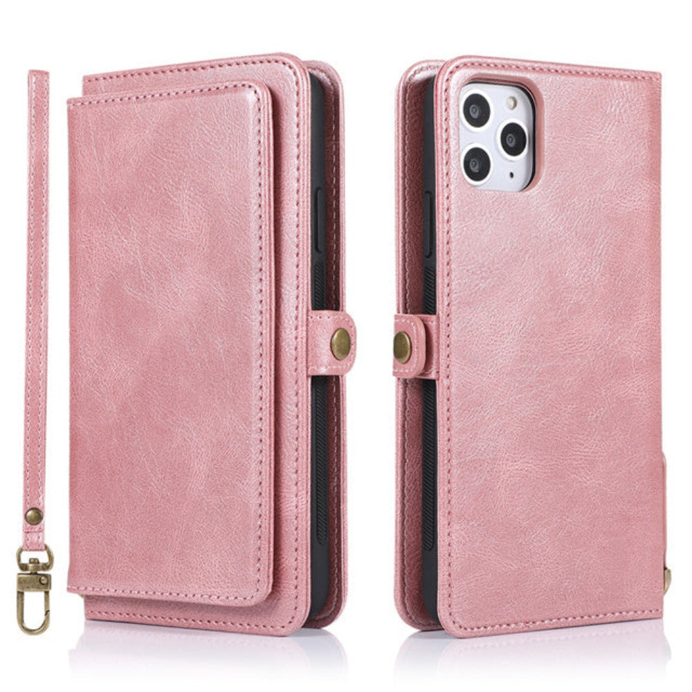 Vegan Magnetic Card Holder Wallet Case with Strap for iPhone 11 to 15, made from Synthetic Leather