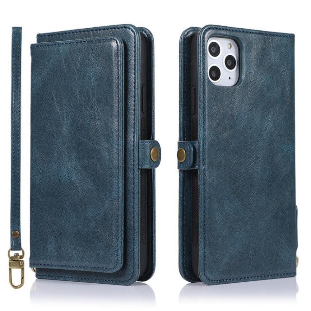 Vegan Magnetic Card Holder Wallet Case with Strap for iPhone 11 to 15, made from Synthetic Leather