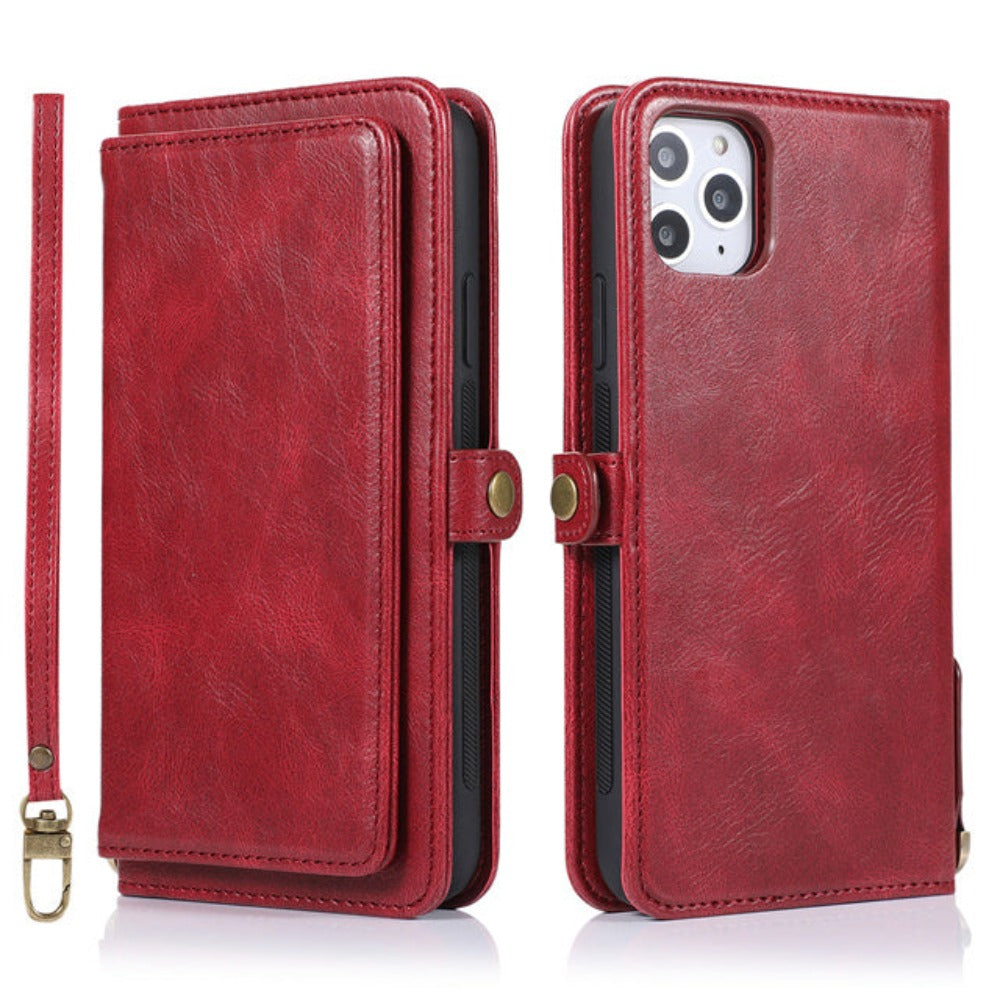 Vegan Magnetic Card Holder Wallet Case with Strap for iPhone 11 to 15, made from Synthetic Leather