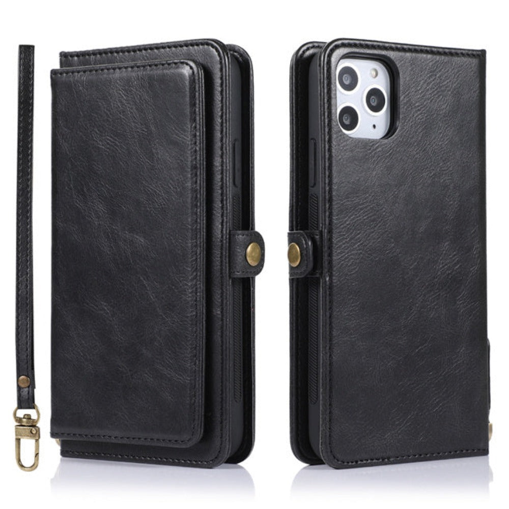 Vegan Magnetic Card Holder Wallet Case with Strap for iPhone 11 to 15, made from Synthetic Leather