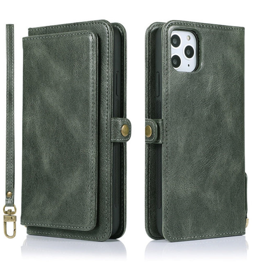 Vegan Magnetic Card Holder Wallet Case with Strap for iPhone 11 to 15, made from Synthetic Leather