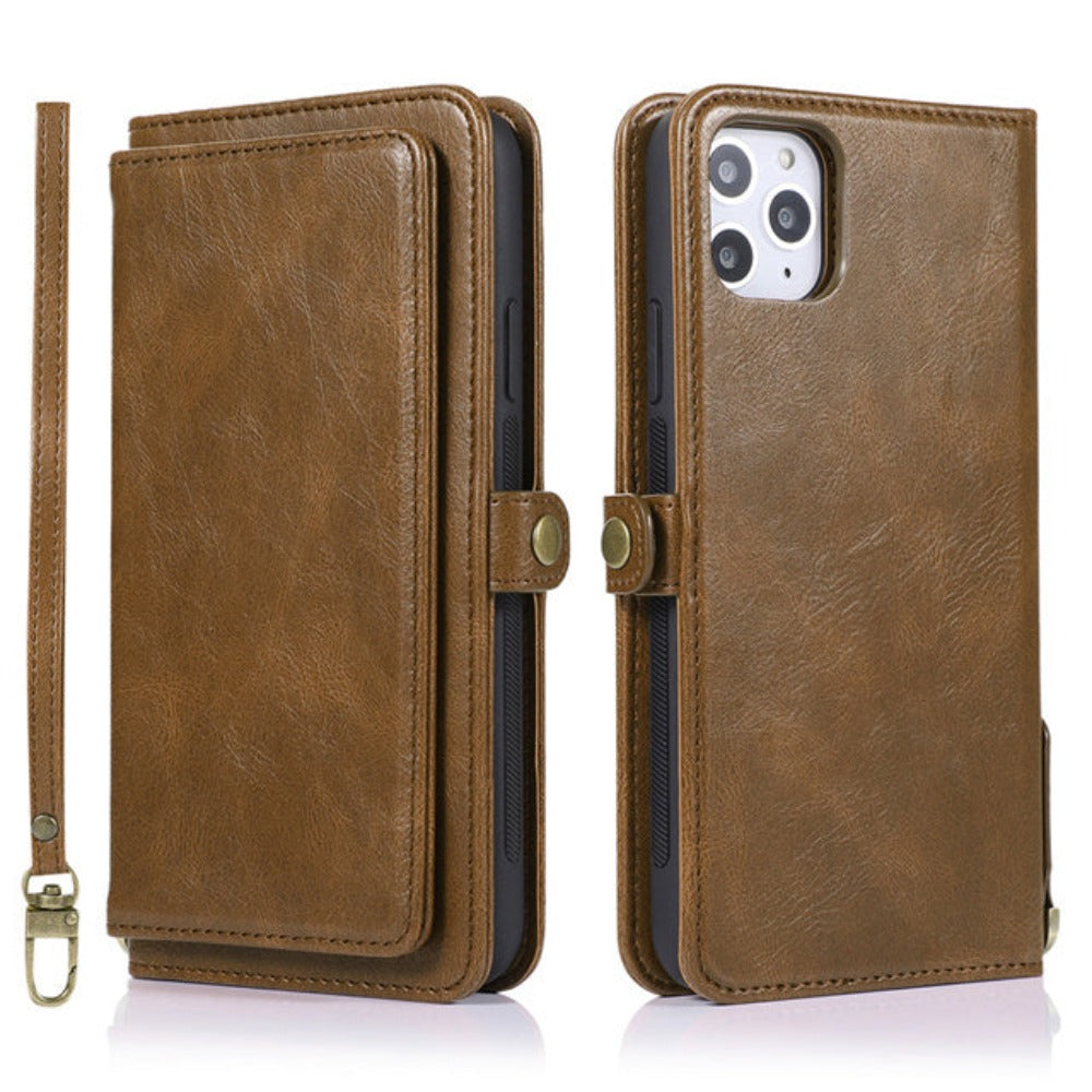 Vegan Magnetic Card Holder Wallet Case with Strap for iPhone 11 to 15, made from Synthetic Leather
