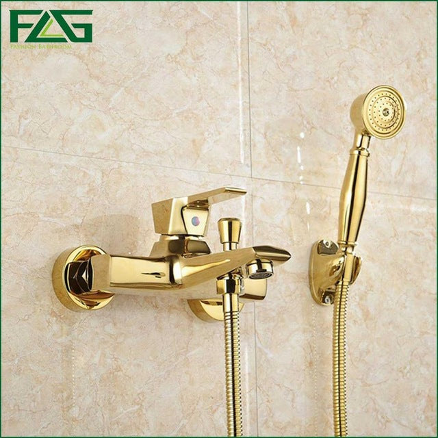 Antique Bathtub Faucet with Wall Mount and Gold Plated Shower Handle