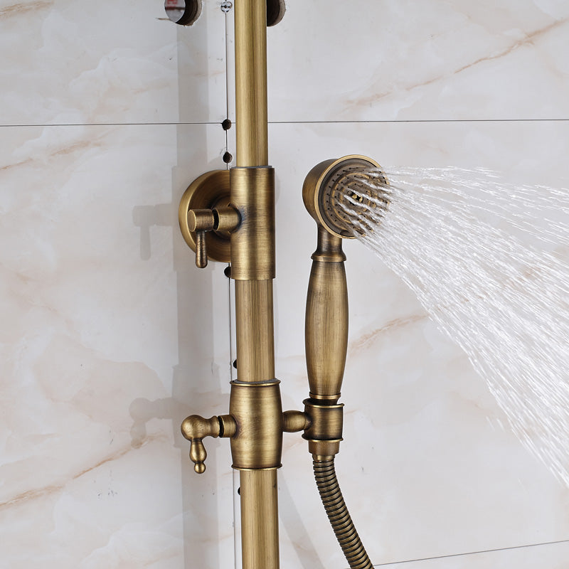 Antique Brass Shower System with Dual Handles and Wall Storage Bracket