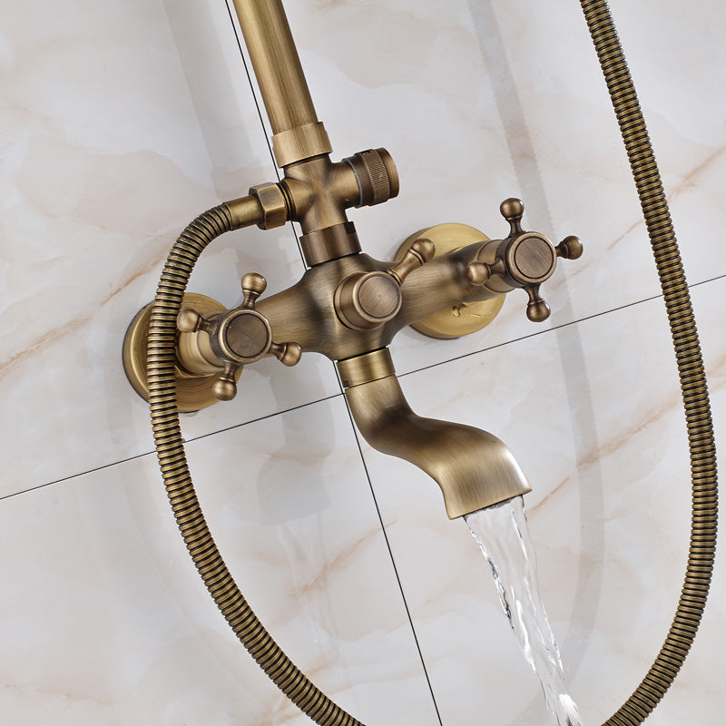 Antique Brass Shower System with Dual Handles and Wall Storage Bracket