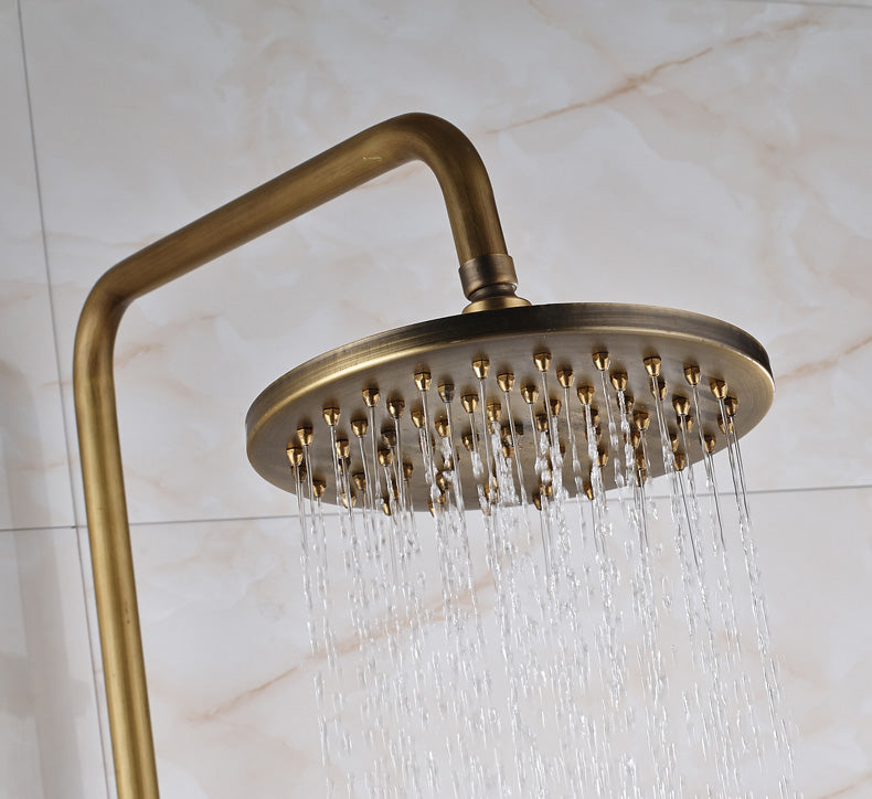Antique Brass Shower System with Dual Handles and Wall Storage Bracket