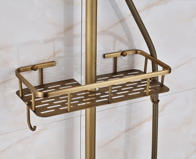 Antique Brass Shower System with Dual Handles and Wall Storage Bracket