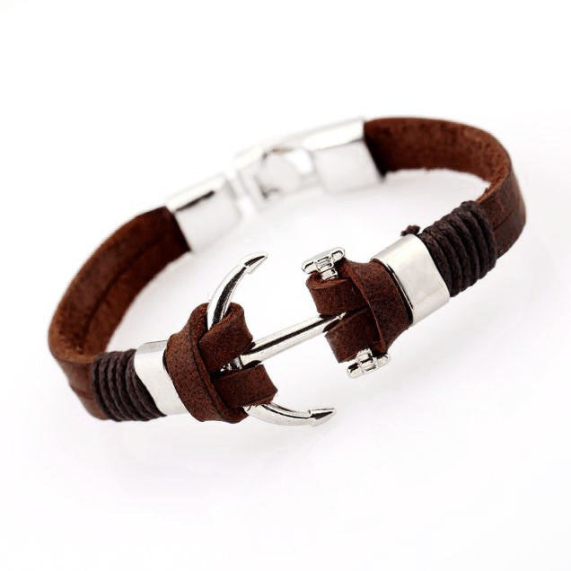 Trendy Leather Bracelet for Men with Nautical Anchor Motif