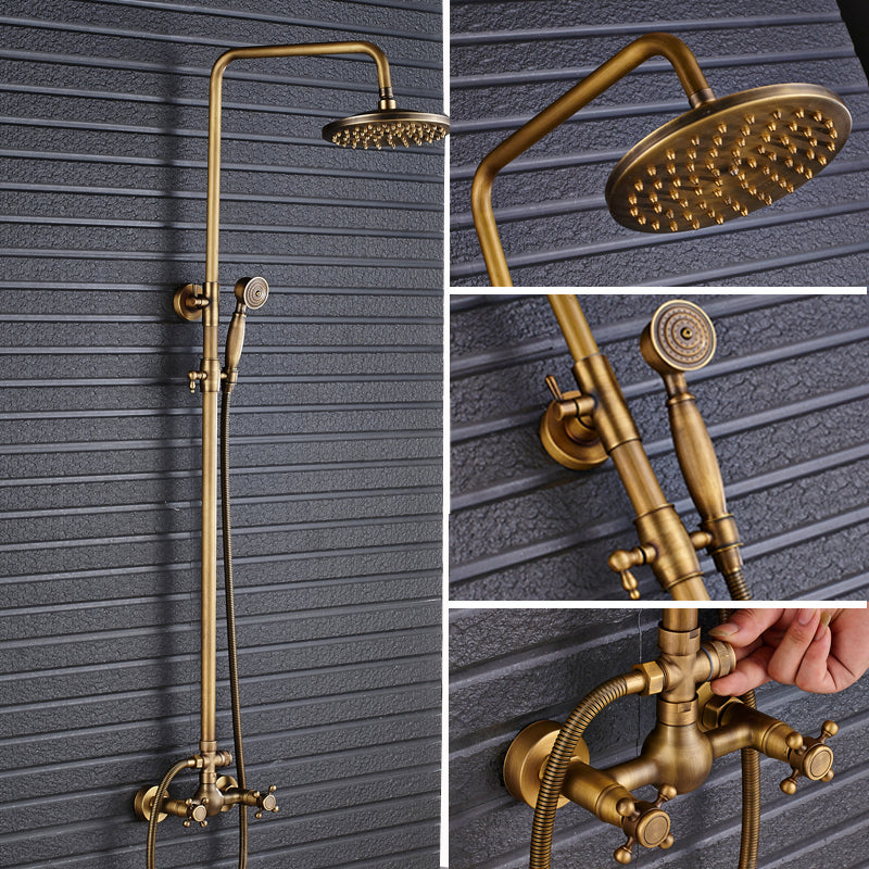 Antique Brass Bathroom Shower Faucet with Storage Holder - Dual Handle, 8" Rainfall