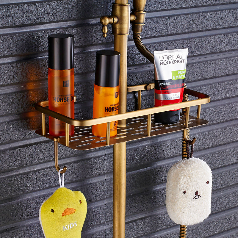 Antique Brass Bathroom Shower Faucet with Storage Holder - Dual Handle, 8" Rainfall