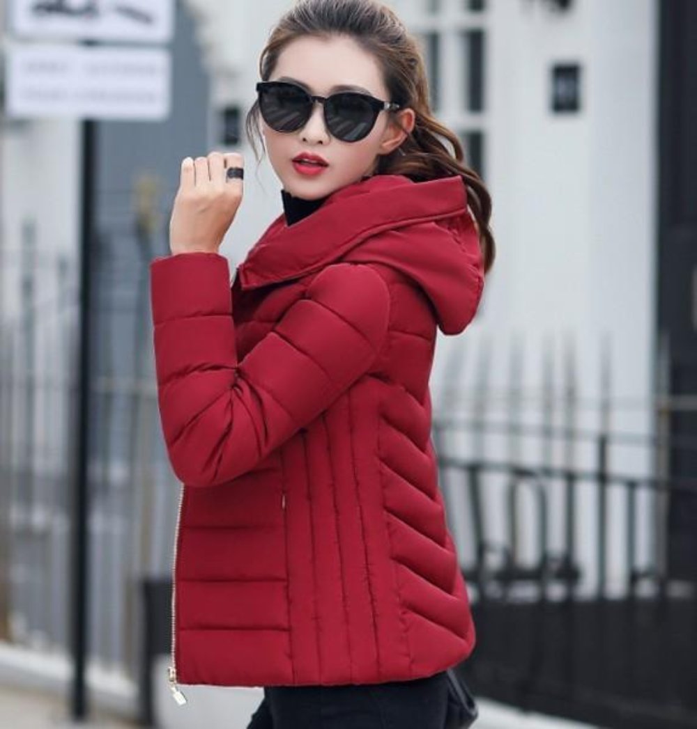 White Slim Fit Winter Hooded Short Zip-Up Jacket for Women