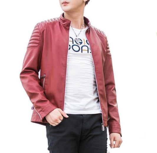 Slim-Fit Red Faux Leather Biker Jacket for Men
