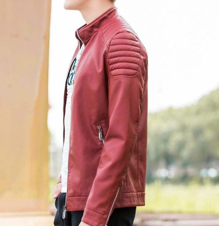 Slim-Fit Red Faux Leather Biker Jacket for Men