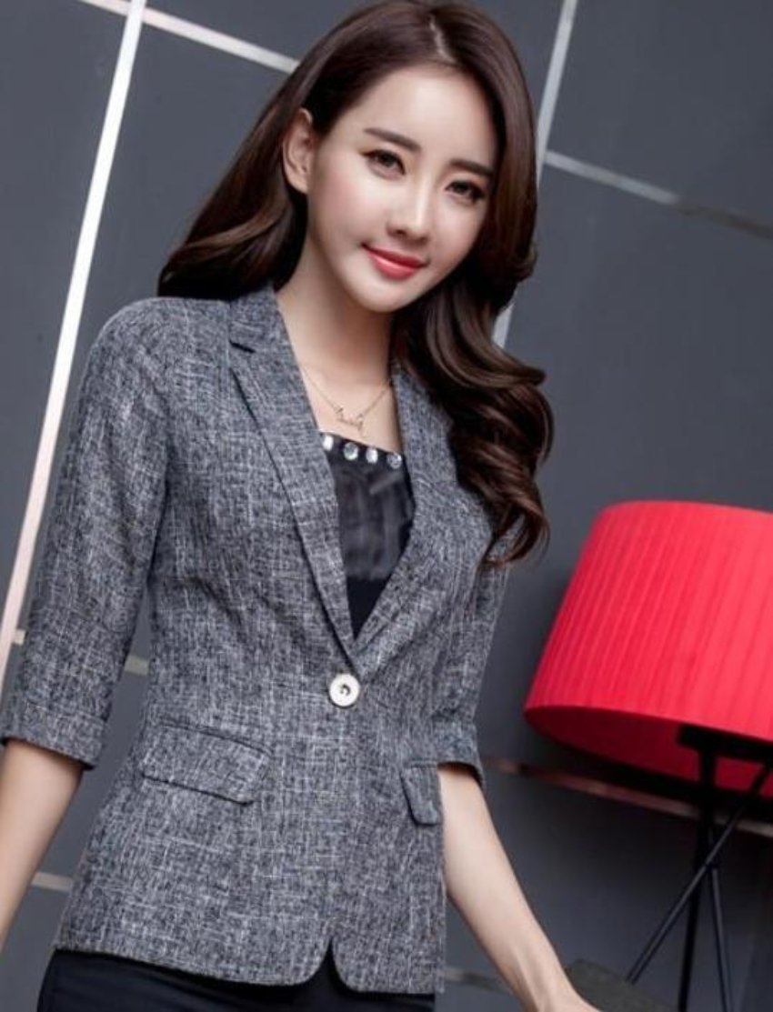 Single-Button Blazer with Three-Quarter Sleeves for Women