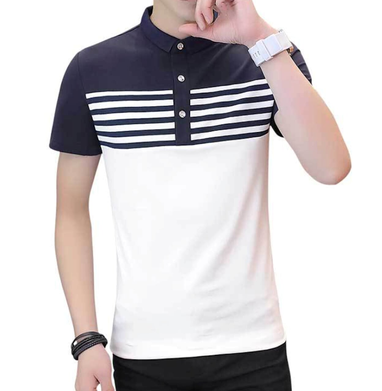 Two Tone Men's Slim Fit Polo Shirt with Stripes