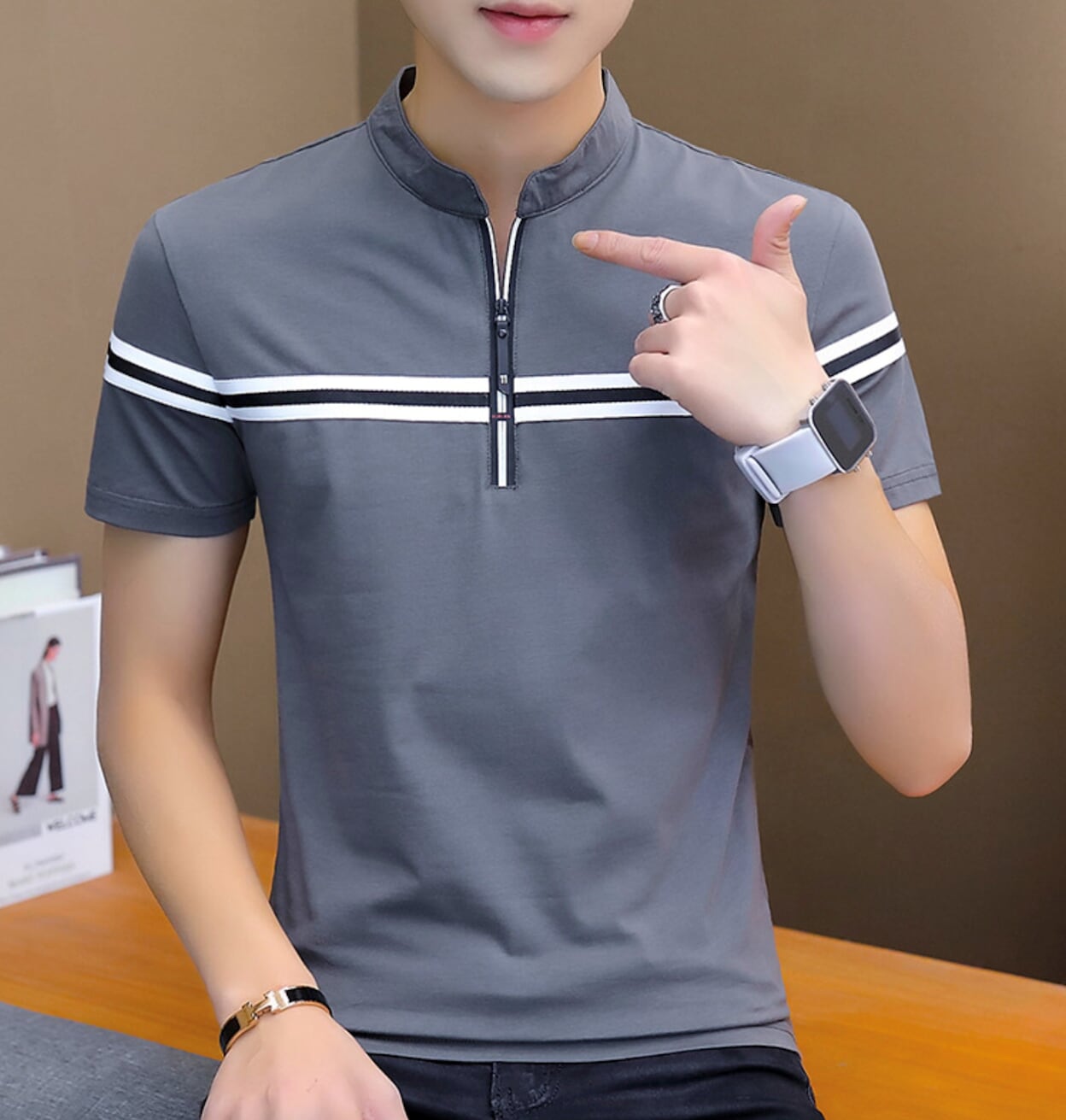 Stand Collar Men's Polo Shirt with Stripes