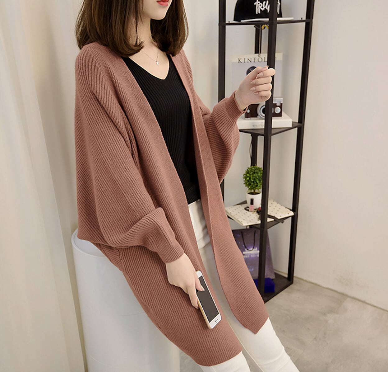 Women's Open Front Cardigan with Mid-Length and Pockets