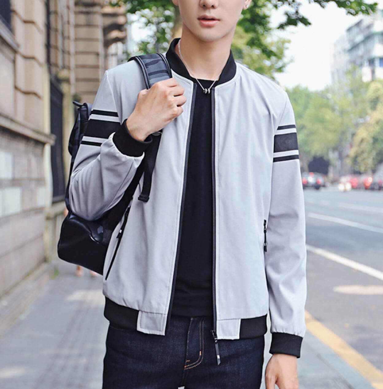 Striped Sleeve Zip-Up Bomber Jacket for Men