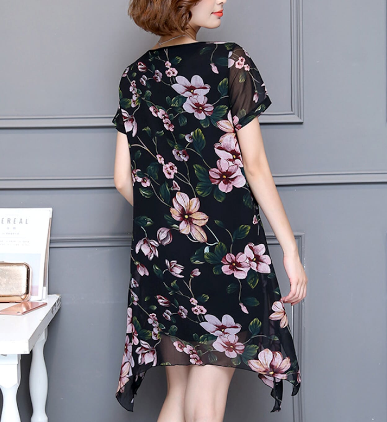 Uneven Short Sleeve Floral Dress for Women