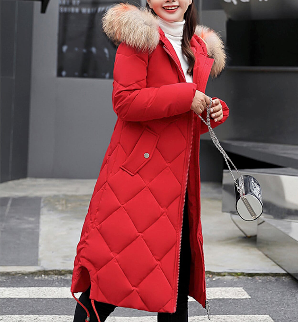 Long Coat for Women with a Hood Fur Trim and Zipper Closure