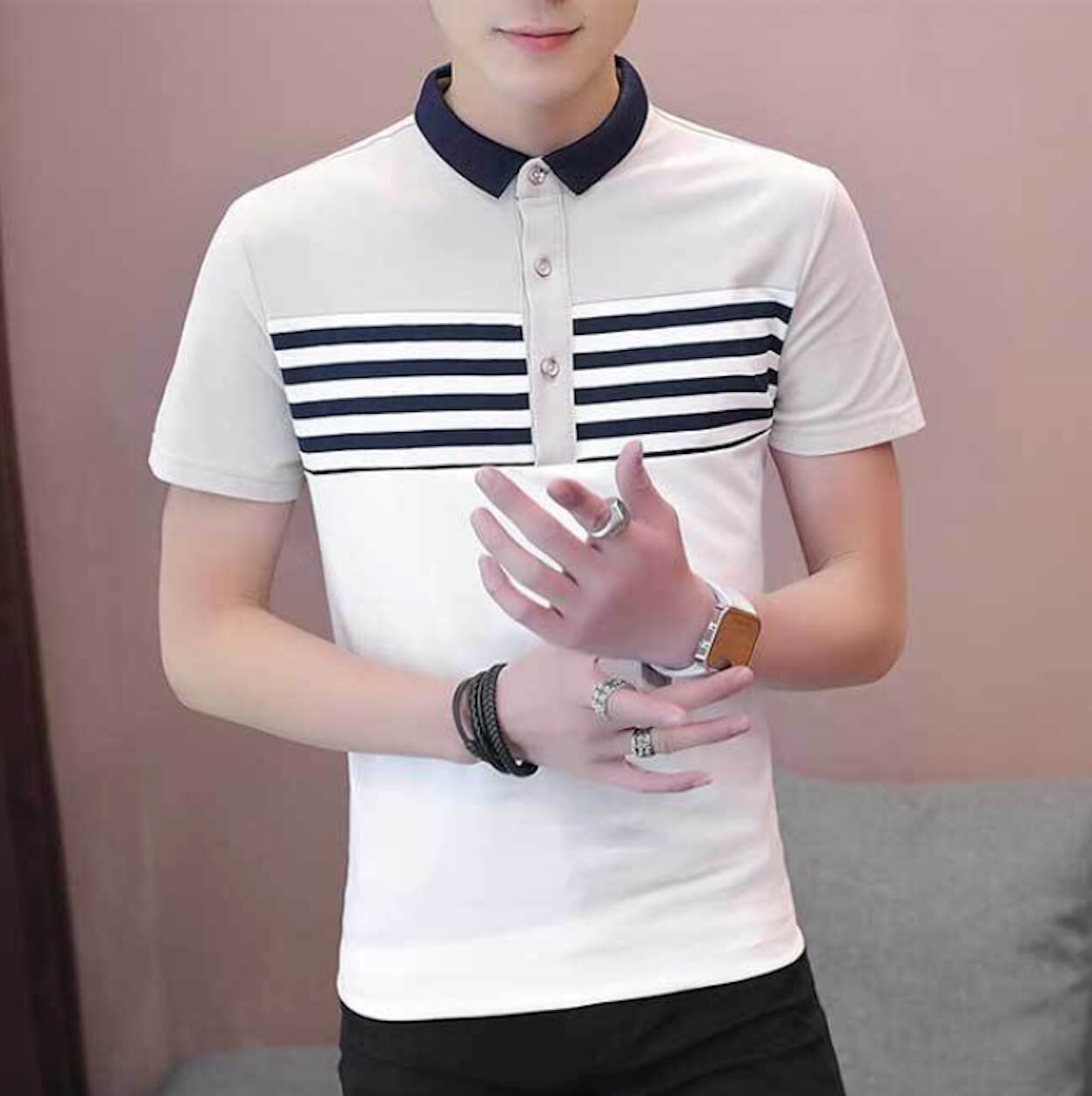 Two Tone Men's Slim Fit Polo Shirt with Stripes