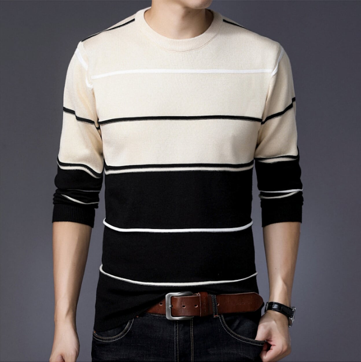 Two-Toned Striped Men's Sweater with Round Neck