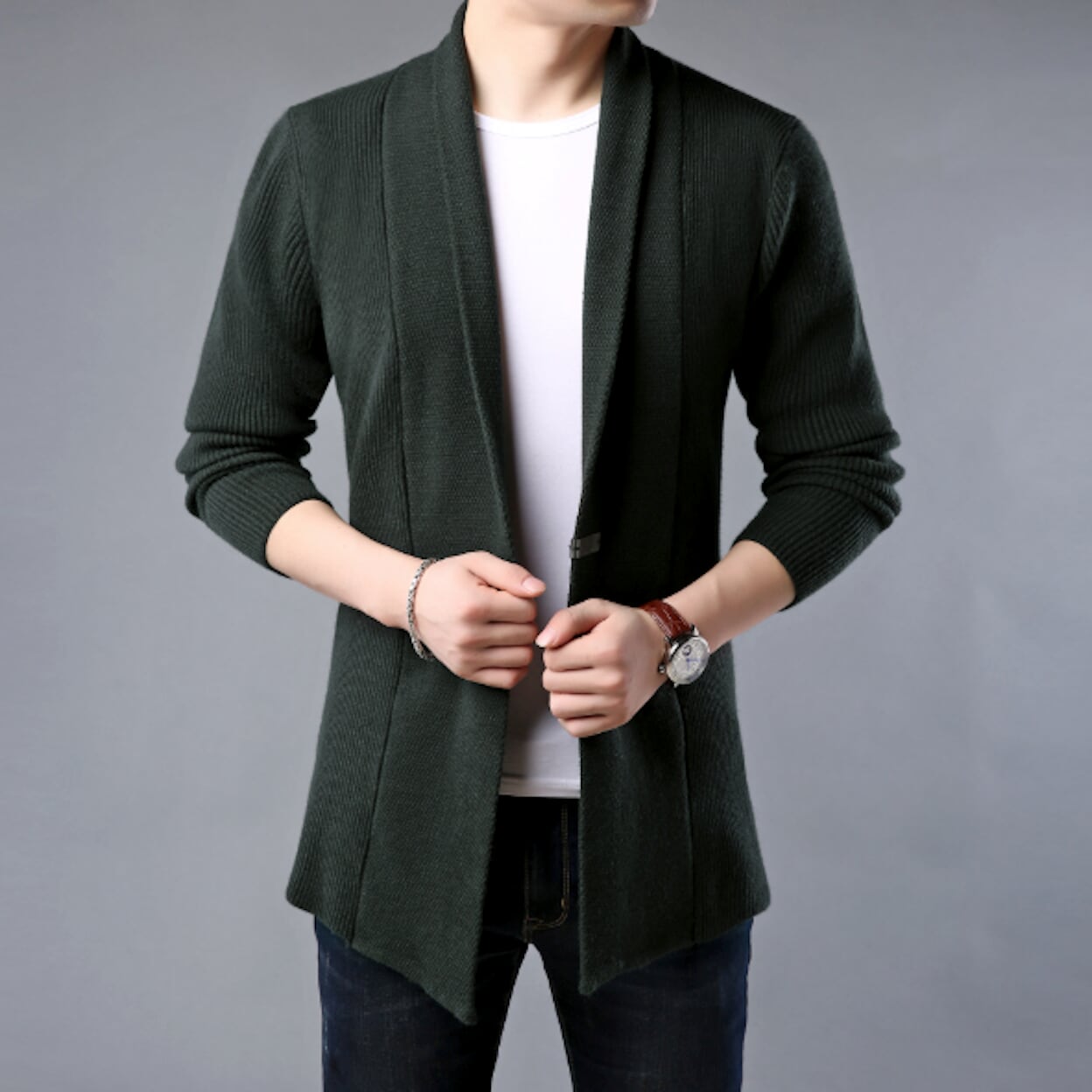 Brown Mid Length Men's Open Cardigan