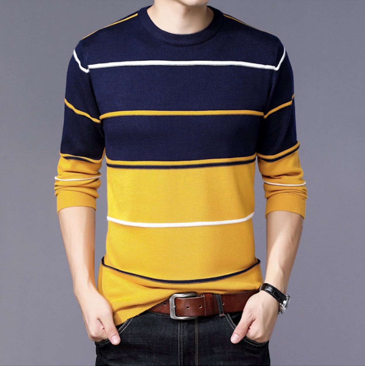Two-Toned Striped Men's Sweater with Round Neck
