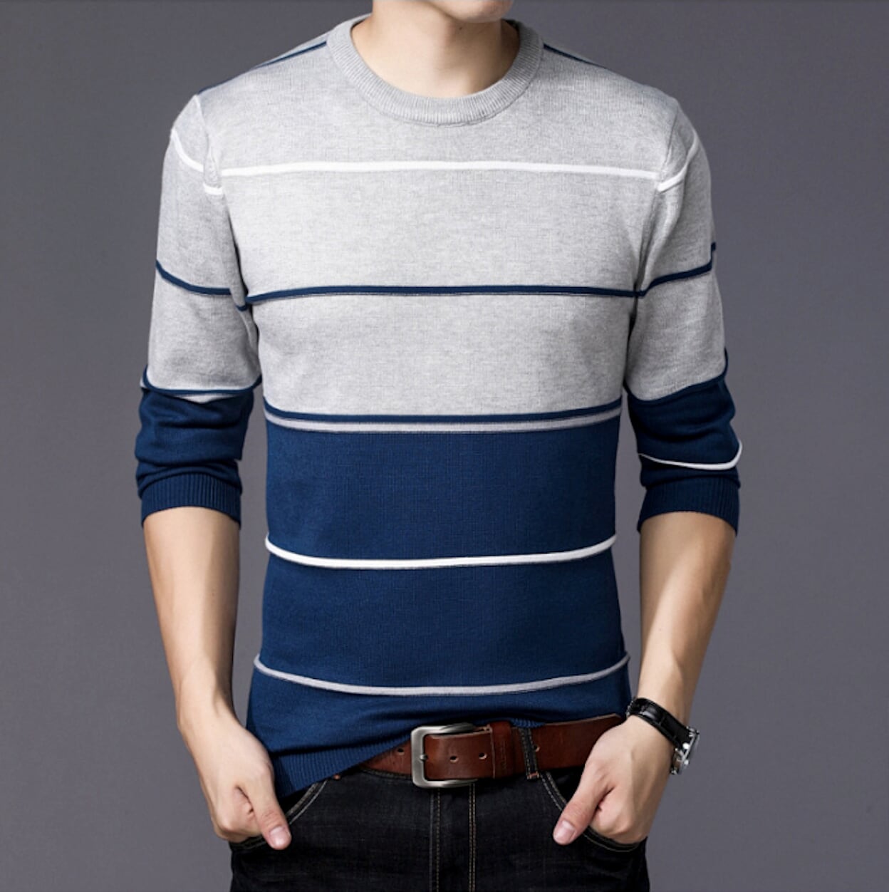 Two-Toned Striped Men's Sweater with Round Neck